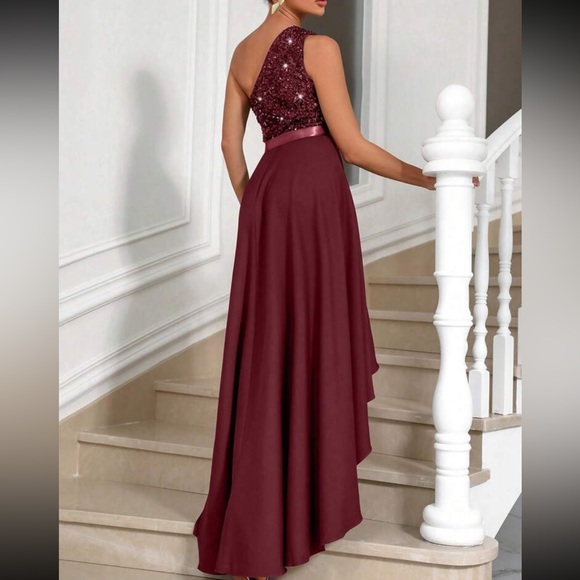 Luxe one shoulder asymmetrical hem satin sequins party dress - Picture 2 of 5